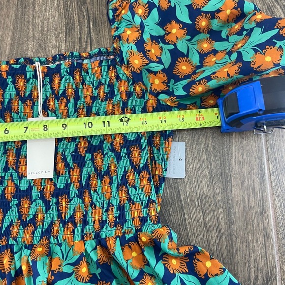 NWT NORDSTROM Melloday Smocked Dress Pocket Floral Navy Orange Puff Square Neck - Picture 14 of 16